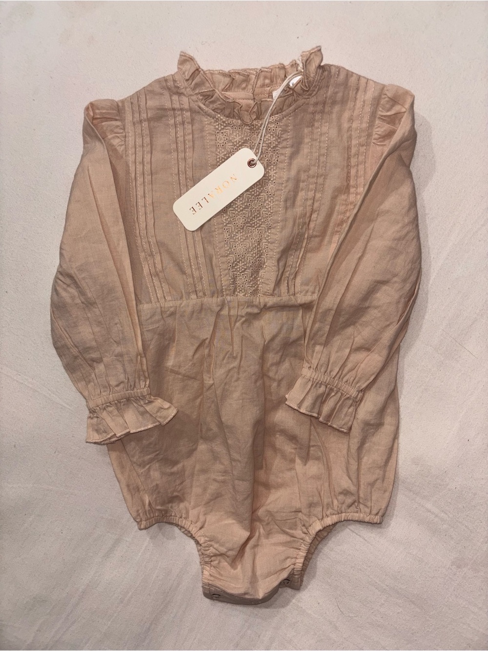 Beige Ruffle-Trim Long Sleeve One-Piece for Kids